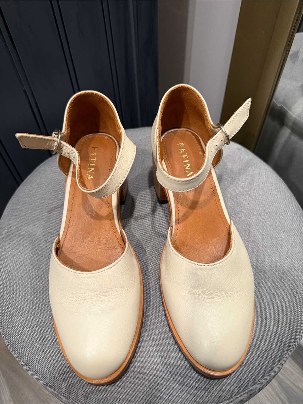 Patina by Portland Leather Cream Leather Mary Jane Block Heels